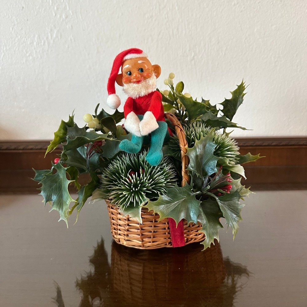 Vintage Christmas Elf Pixie Centerpiece Wicker Basket Holly Berries Pinecones